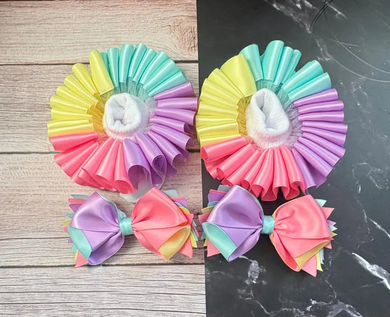 Pink-Purple-Yellow-Blue Tutu Socks/Anklets and Bow Set, Baby/Girls Ribbon Trim Socks or Anklets