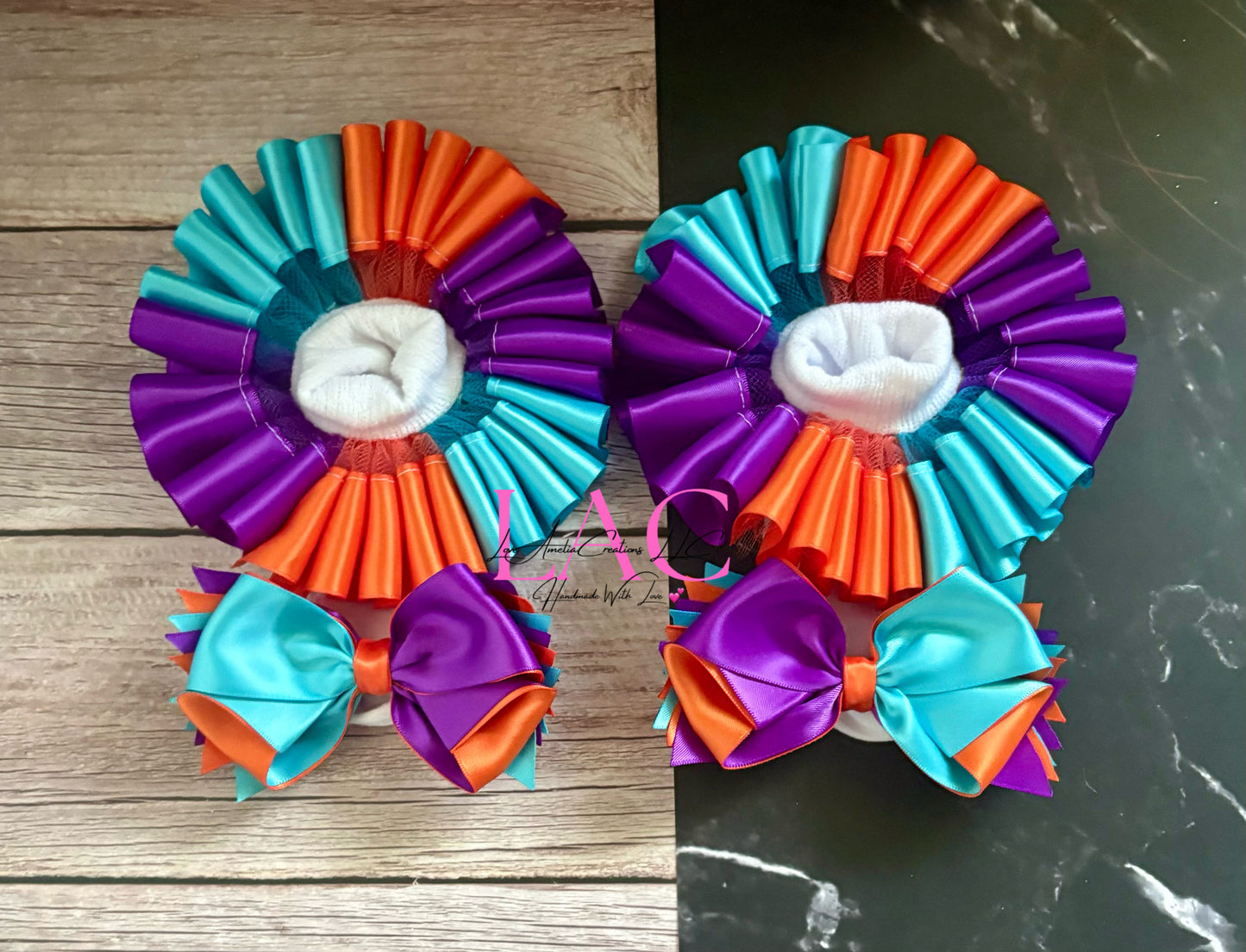 Blue-Purple-Orange Tutu Ruffle Socks/Anklets and Bow Set
