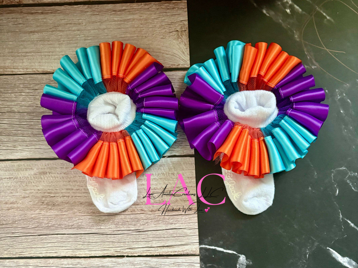 Blue-Purple-Orange Tutu Ruffle Socks/Anklets and Bow Set
