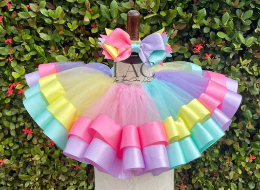 Pastel Rainbow Tutu Set, Girls/Baby Ribbon Trim Tutu, Birthday Tutu Set