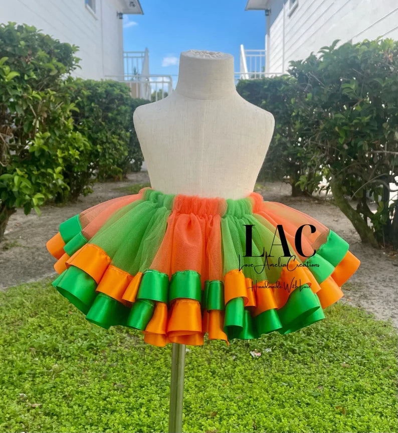 Orange and Green Tutu Set, Girls/Baby Ribbon Trim Tutu, Birthday Tutu Set