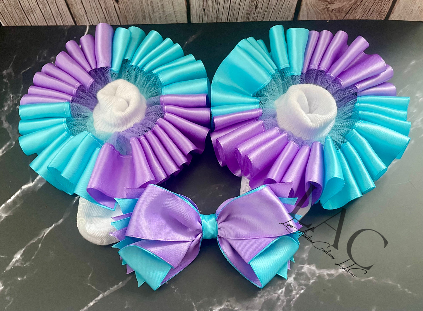 Lavender and Blue Tutu Socks/Anklets and Bow Set, Baby/Girls themed Socks and Anklets, Ribbon Trim Socks