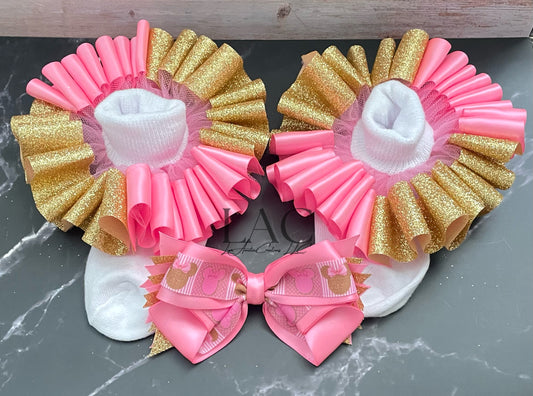 Pink and Gold Socks/Anklets Bow Set, Baby/Girls themed Socks and Bow